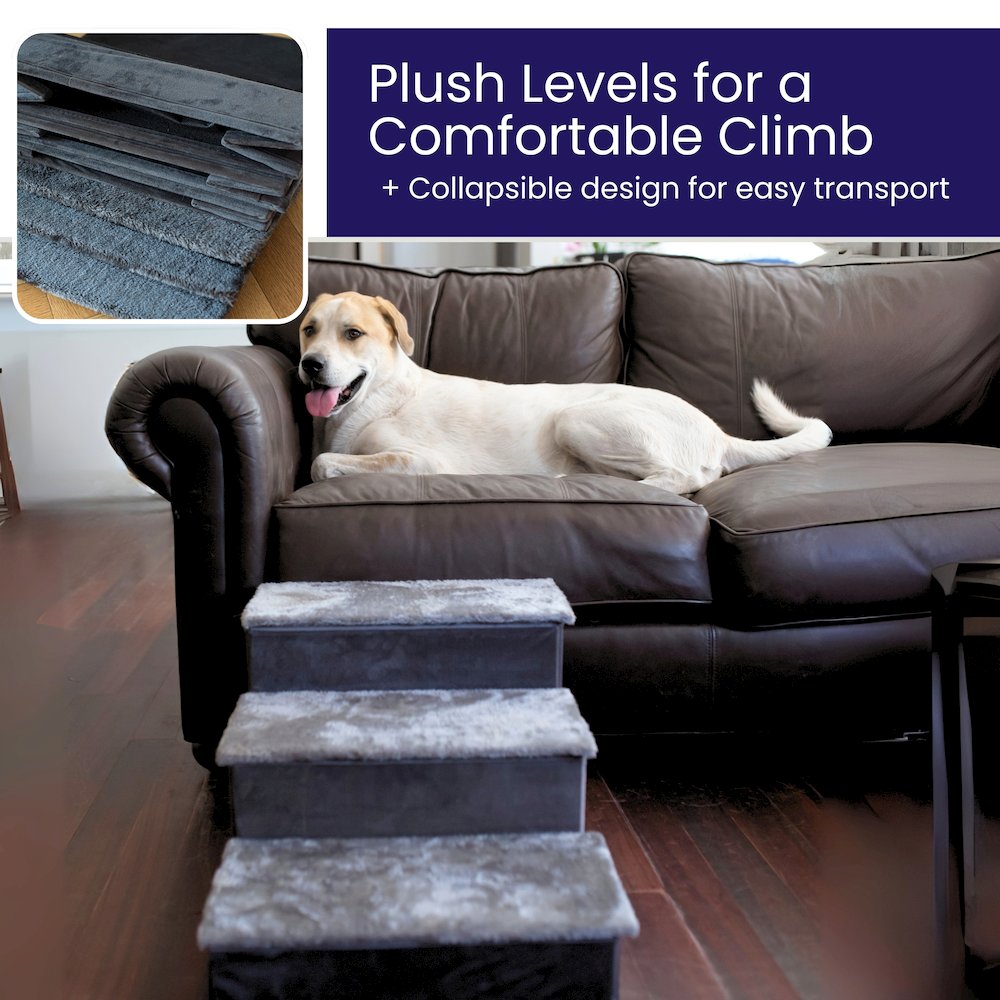 Charcoal Foldable Plush Pet Stairs with Built-in Storage, Soft Steps
