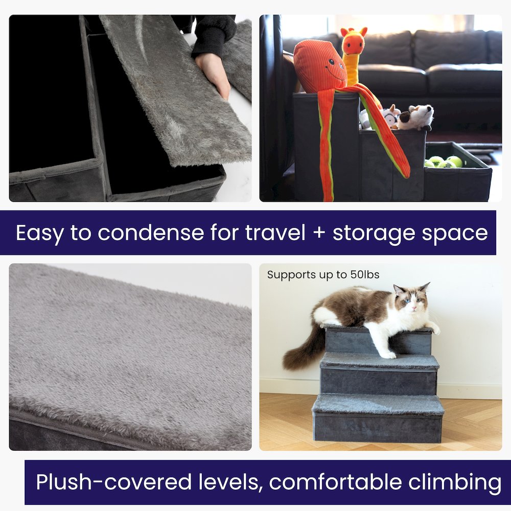 Charcoal Foldable Plush Pet Stairs with Built-in Storage, Soft Steps