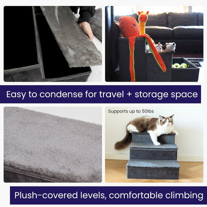 Charcoal Foldable Plush Pet Stairs with Built-in Storage, Soft Steps