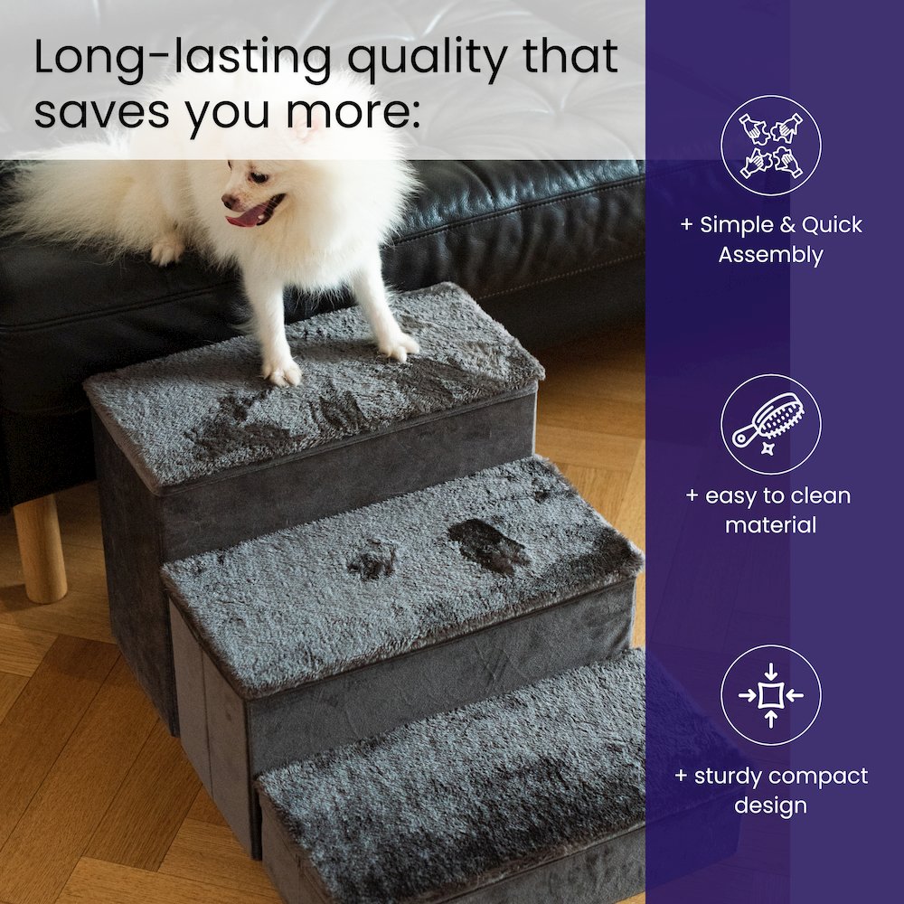 Charcoal Foldable Plush Pet Stairs with Built-in Storage, Soft Steps