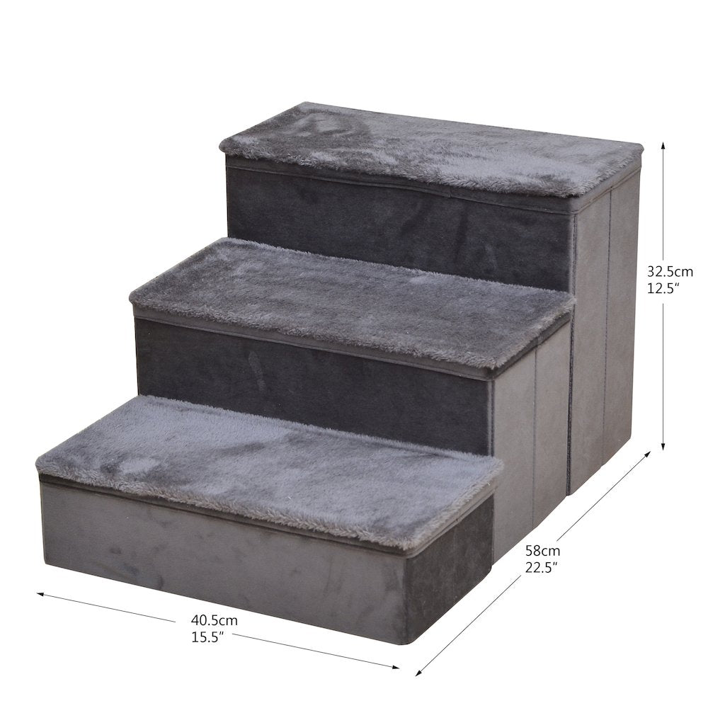 Charcoal Foldable Plush Pet Stairs with Built-in Storage, Soft Steps
