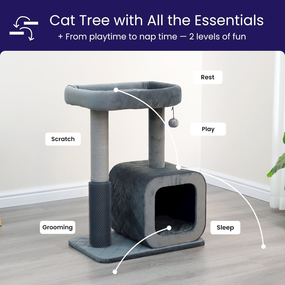 2-Level 30.5" Quilted Velvet Cat Tree with Recycled Paper Scratcher, Plush Perch