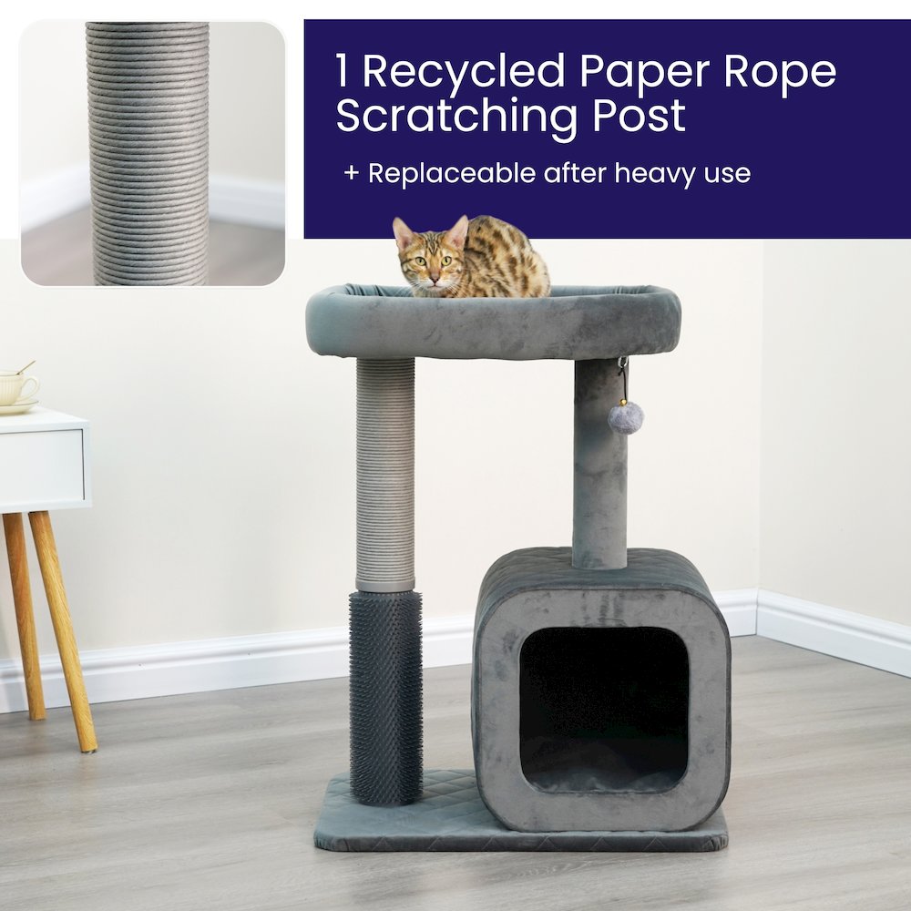 2-Level 30.5" Quilted Velvet Cat Tree with Recycled Paper Scratcher, Plush Perch