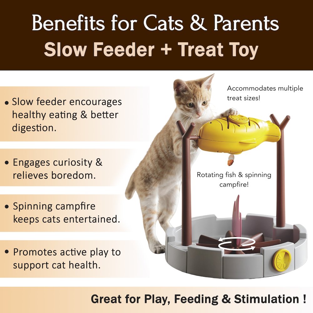 Grilled Fish Toy Slow Feeder and Treat Dispenser with Rotating Fish