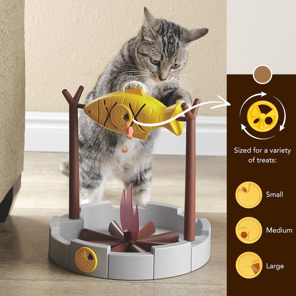 Grilled Fish Toy Slow Feeder and Treat Dispenser with Rotating Fish