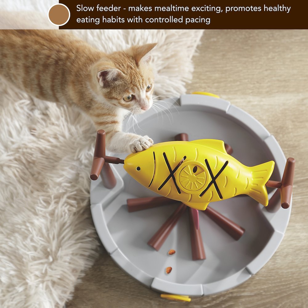 Grilled Fish Toy Slow Feeder and Treat Dispenser with Rotating Fish