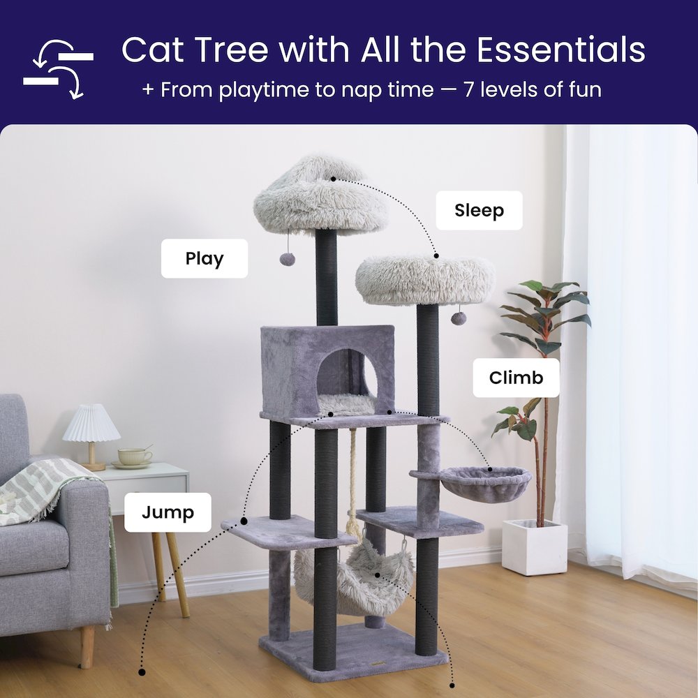 Bradbury 7-Level 62.5” Modern Cat Tree with Replaceable Parts, Washable Beds