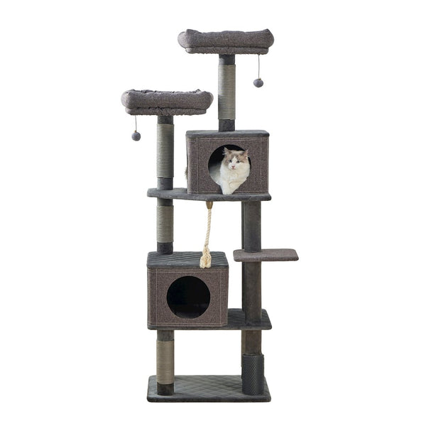 7-Level 67.5” Linen & Quilted Velvet Cat Tree with Recycled Paper Scratchers