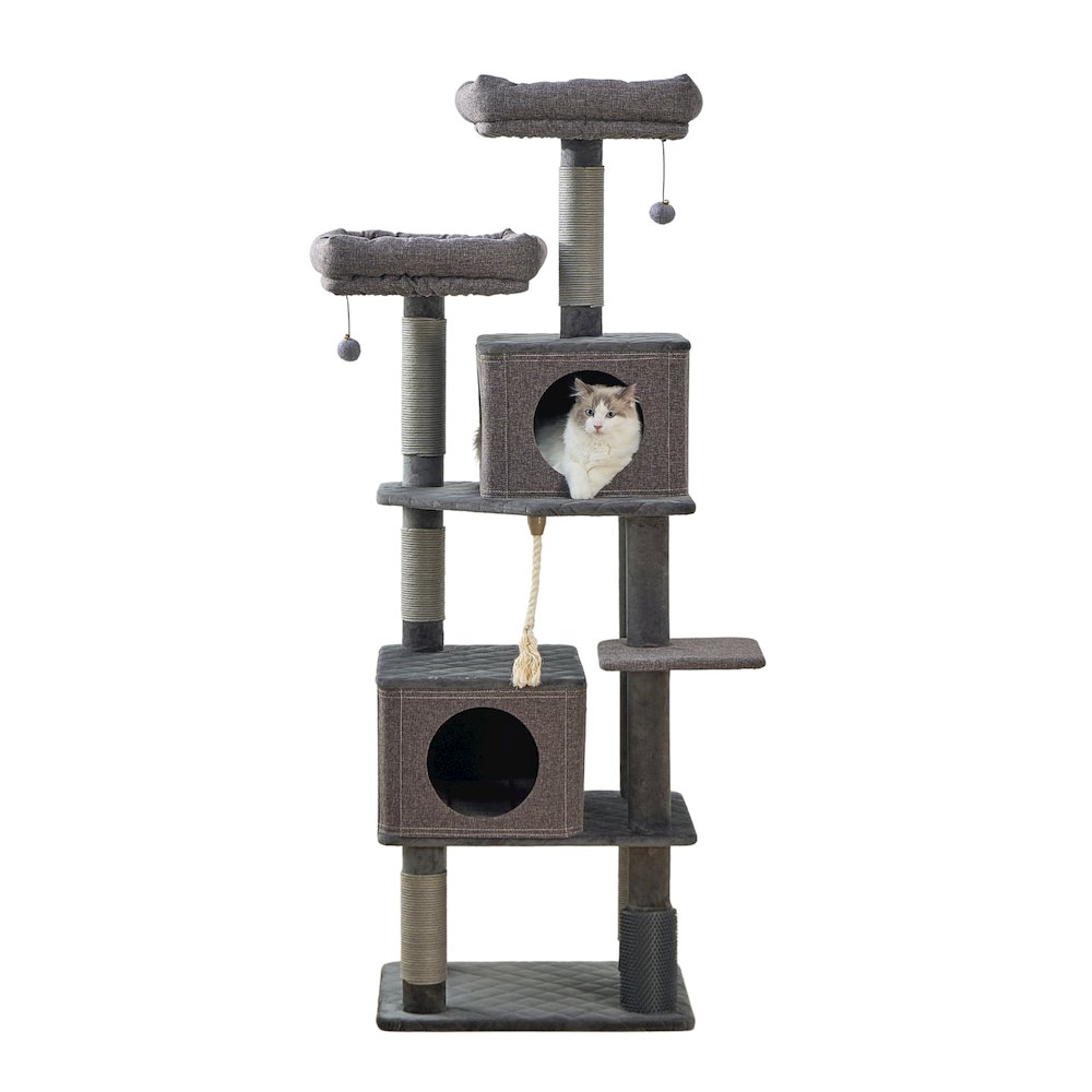 7-Level 67.5” Linen & Quilted Velvet Cat Tree with Recycled Paper Scratchers