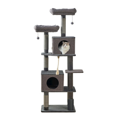 7-Level 67.5” Linen & Quilted Velvet Cat Tree with Recycled Paper Scratchers