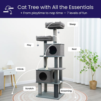 7-Level 67.5” Linen & Quilted Velvet Cat Tree with Recycled Paper Scratchers