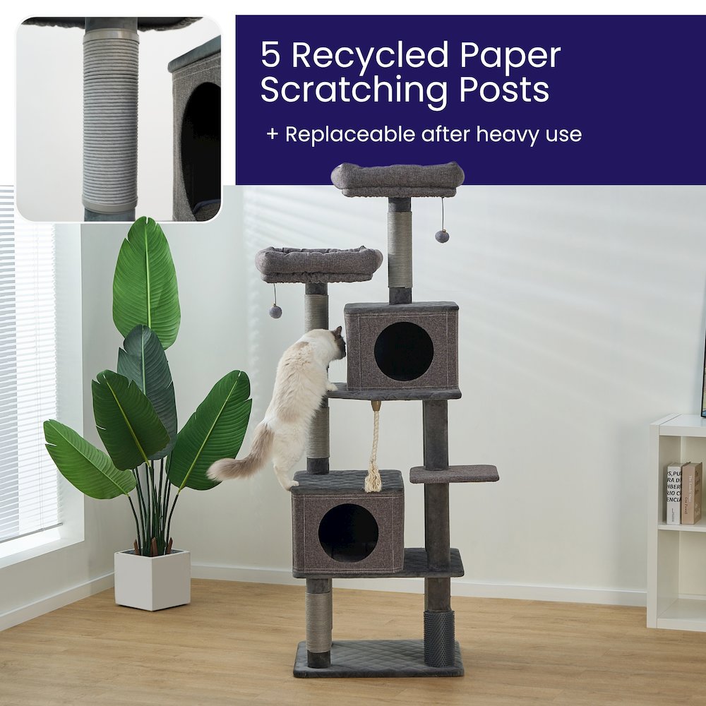 7-Level 67.5” Linen & Quilted Velvet Cat Tree with Recycled Paper Scratchers