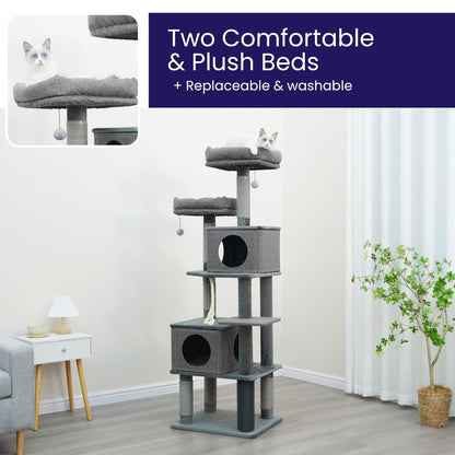 7-Level 67.5” Linen & Quilted Velvet Cat Tree with Recycled Paper Scratchers