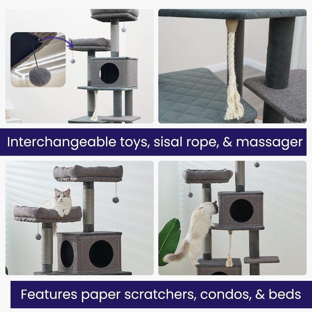 7-Level 67.5” Linen & Quilted Velvet Cat Tree with Recycled Paper Scratchers