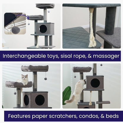 7-Level 67.5” Linen & Quilted Velvet Cat Tree with Recycled Paper Scratchers