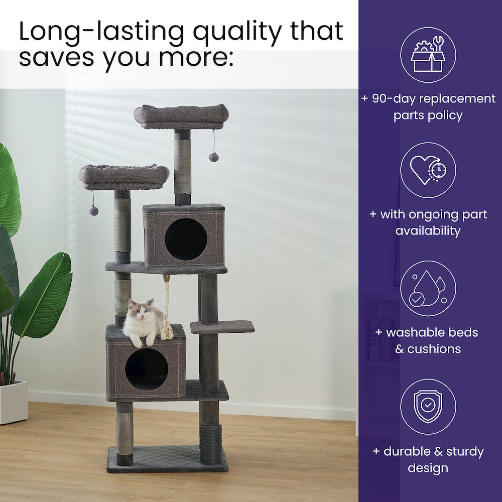 7-Level 67.5” Linen & Quilted Velvet Cat Tree with Recycled Paper Scratchers