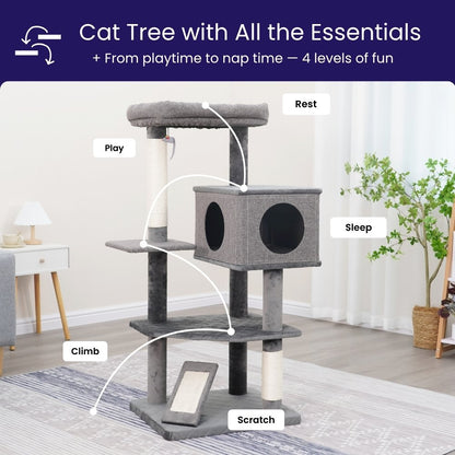 4-Level 49" Linen & Plush Cat Tree with Natural Sisal Scratchers, Spacious Condo