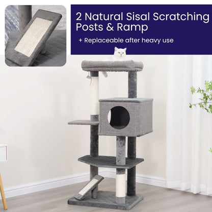 4-Level 49" Linen & Plush Cat Tree with Natural Sisal Scratchers, Spacious Condo