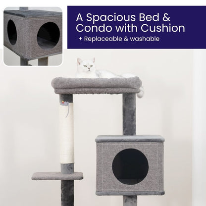4-Level 49" Linen & Plush Cat Tree with Natural Sisal Scratchers, Spacious Condo