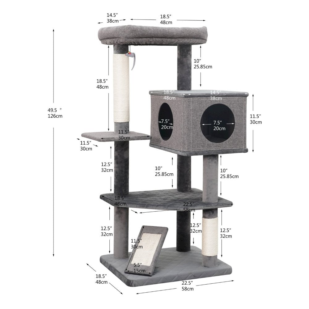 4-Level 49" Linen & Plush Cat Tree with Natural Sisal Scratchers, Spacious Condo