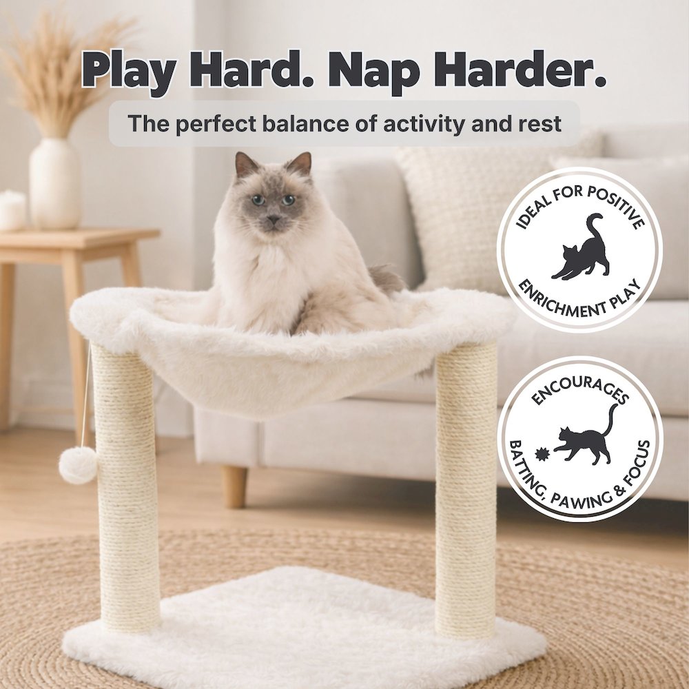 Baza XXL Jute 19.7" Cat Scratching Posts with Hammock & Hanging Cat Toy, Cream
