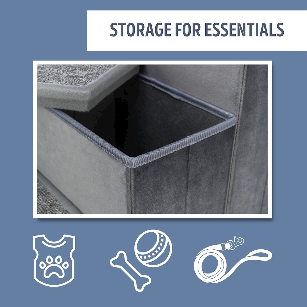 4-Step Foldable Velour Pet Stairs with Storage, Gray