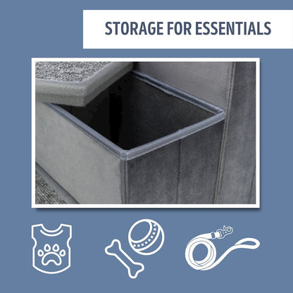 4-Step Foldable Velour Pet Stairs with Storage, Gray