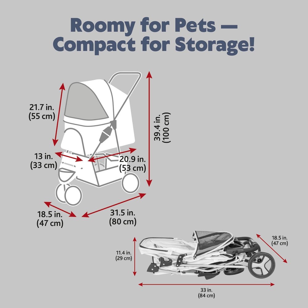 3-Wheeled Foldable Dog & Cat Stroller with Canopy and Storage Compartments, Gray