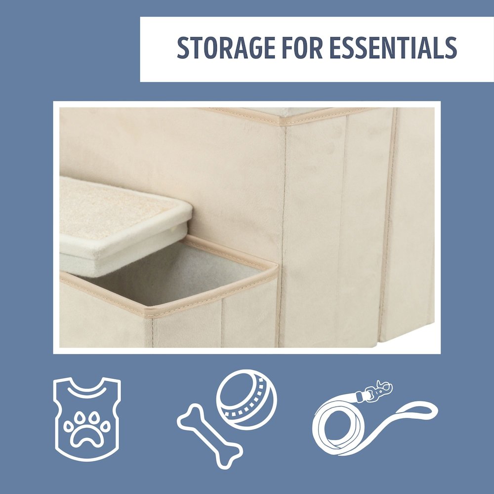 3-Step Foldable Velour Pet Stairs with Storage, Beige
