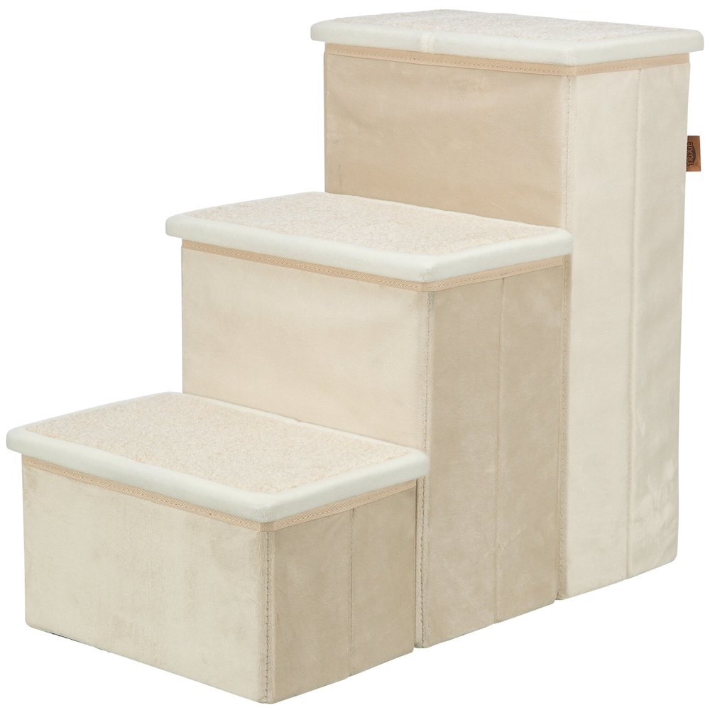 3-Step Foldable Velour Pet Stairs with Storage, Beige