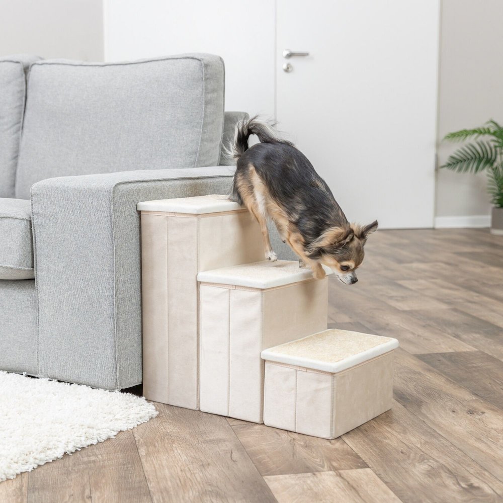3-Step Foldable Velour Pet Stairs with Storage, Beige