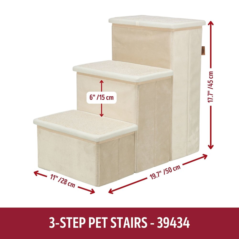 3-Step Foldable Velour Pet Stairs with Storage, Beige