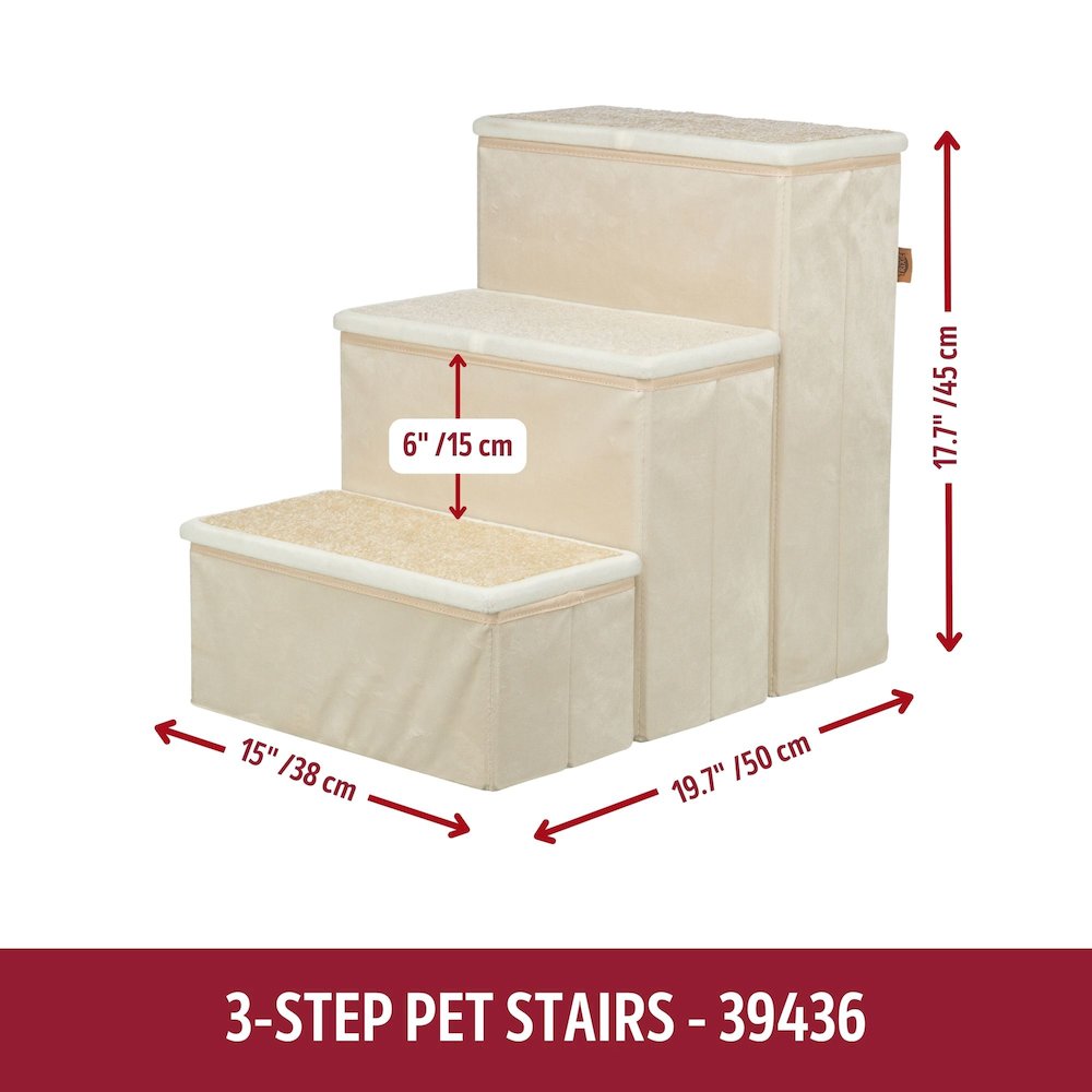3-Step Foldable Velour Pet Stairs with Storage, Beige
