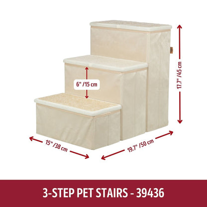 3-Step Foldable Velour Pet Stairs with Storage, Beige