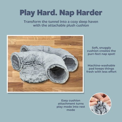 Harper Cat Tunnel with Plush Cushion, Adjustable Cat Play Tunnel with Toy