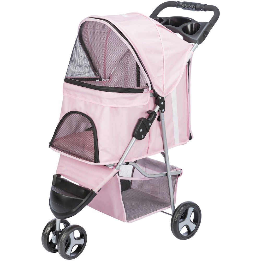 3-Wheeled Foldable Dog & Cat Stroller with Canopy and Storage Compartments, Pink