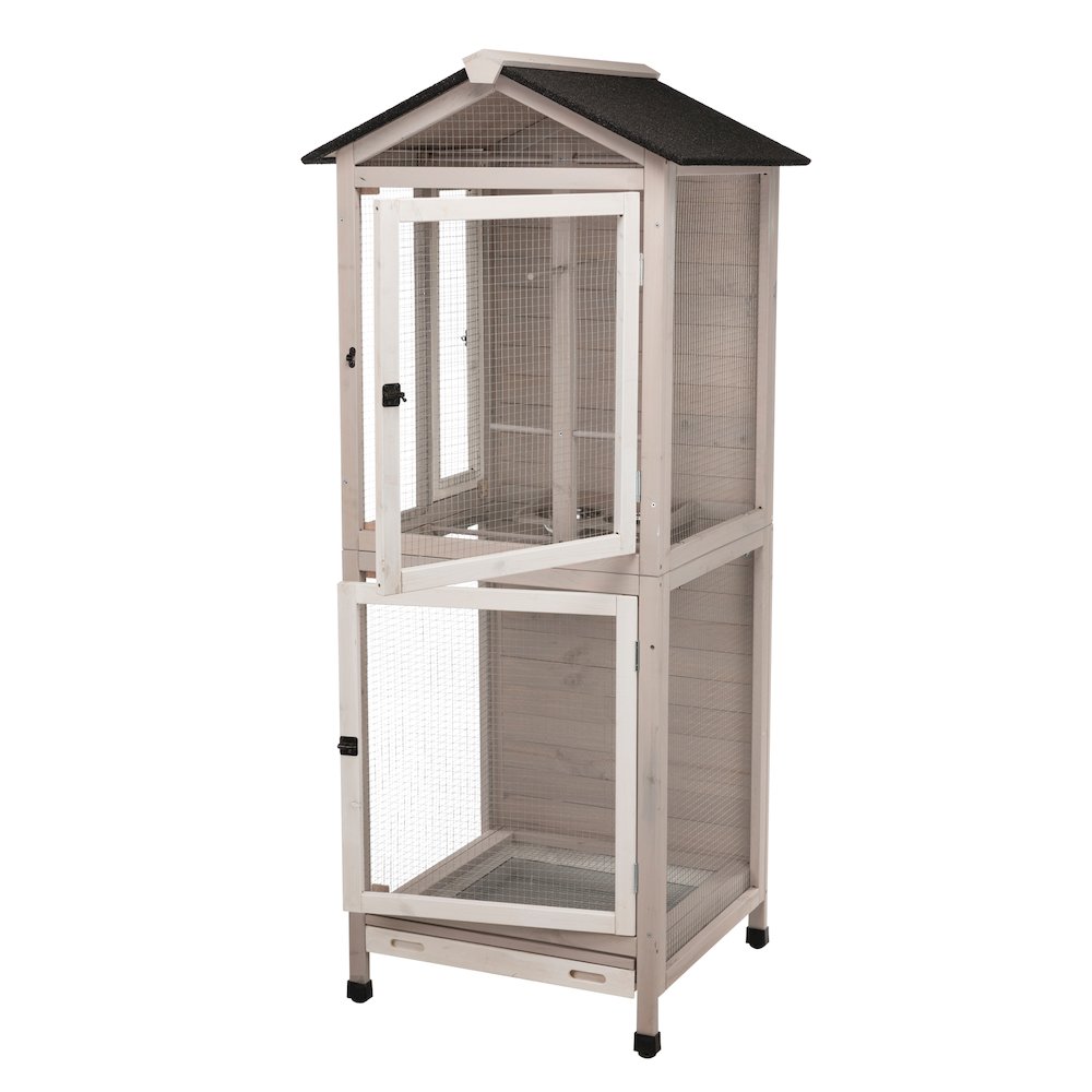 Large 66.5" Indoor-Outdoor Wooden Birdcage with 3 Front Doors & 2 Perches, Gray