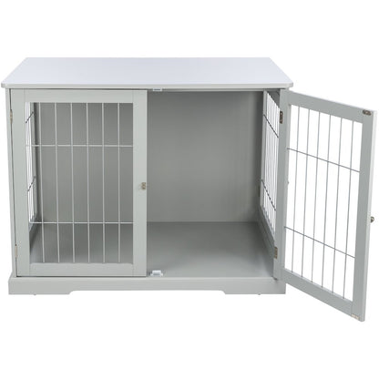 38.7" Dog Crate, Wooden Indoor Kennel Furniture for Large Dogs Up to 66 lb, Gray