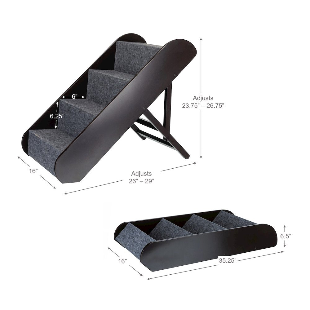 4-Step Wooden Pet Stairs with Adjustable Height and Carpet Treads, Brown