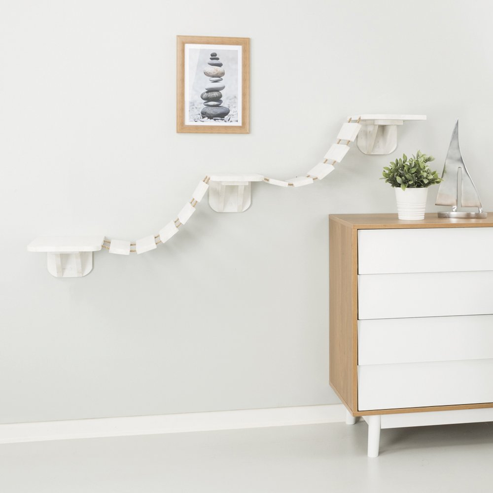 Multi-Level Wall Mounted Cat Perch with Bridge, White