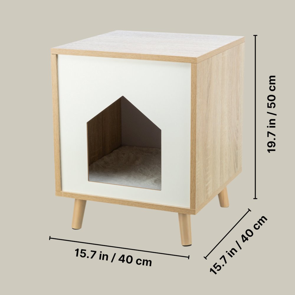 Isa Indoor Wooden Cat Condo, Modern Cat Bed Side Table with Cozy Cushion