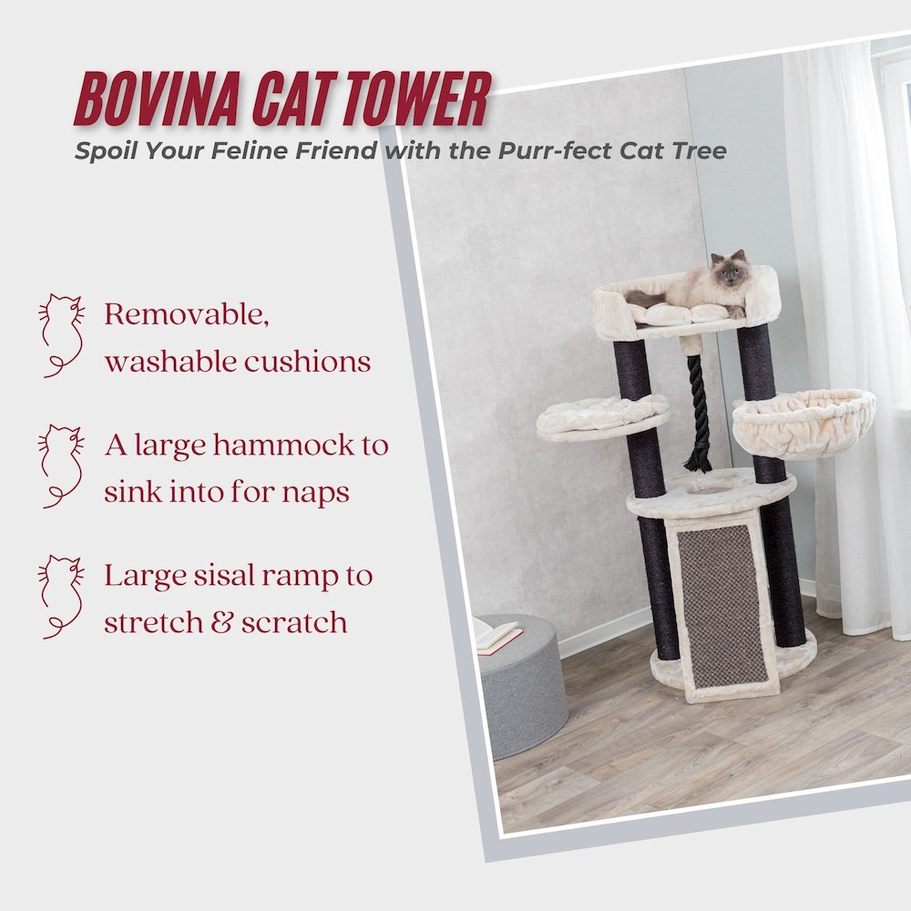 Bovina Plush & Sisal 3-Level 55.5" Cat Tree, Scratching Posts & Hammock, Black