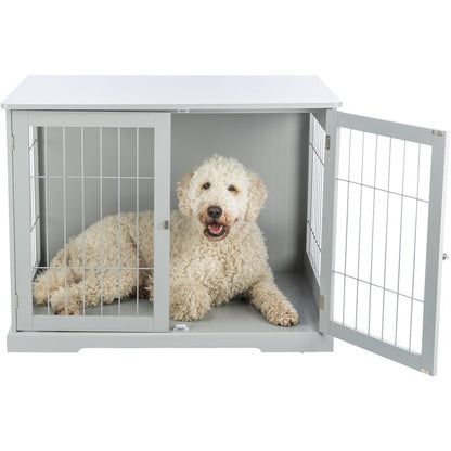 38.7" Dog Crate, Wooden Indoor Kennel Furniture for Large Dogs Up to 66 lb, Gray