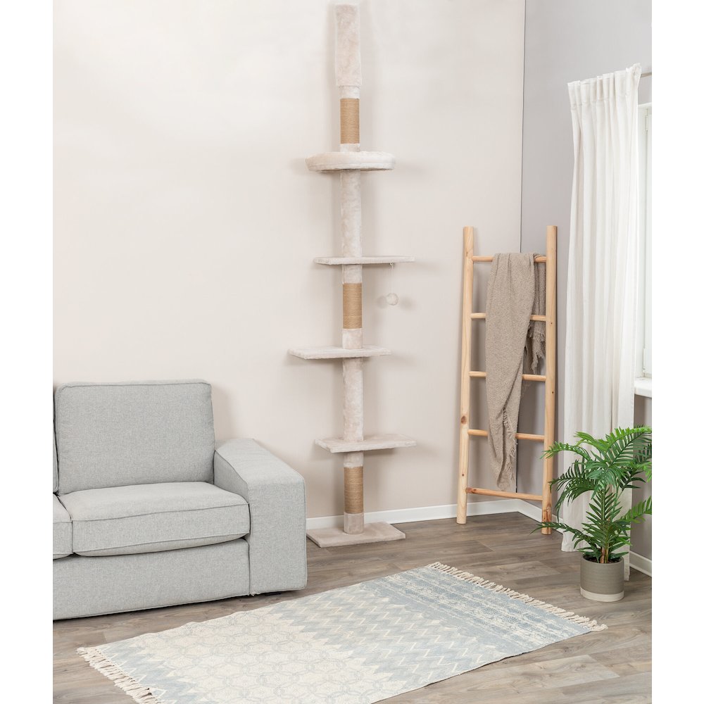 Kobe Sisal & Plush 90.5"-104" Ceiling Mount Cat Tree, 4-Level Cat Tower, Beige