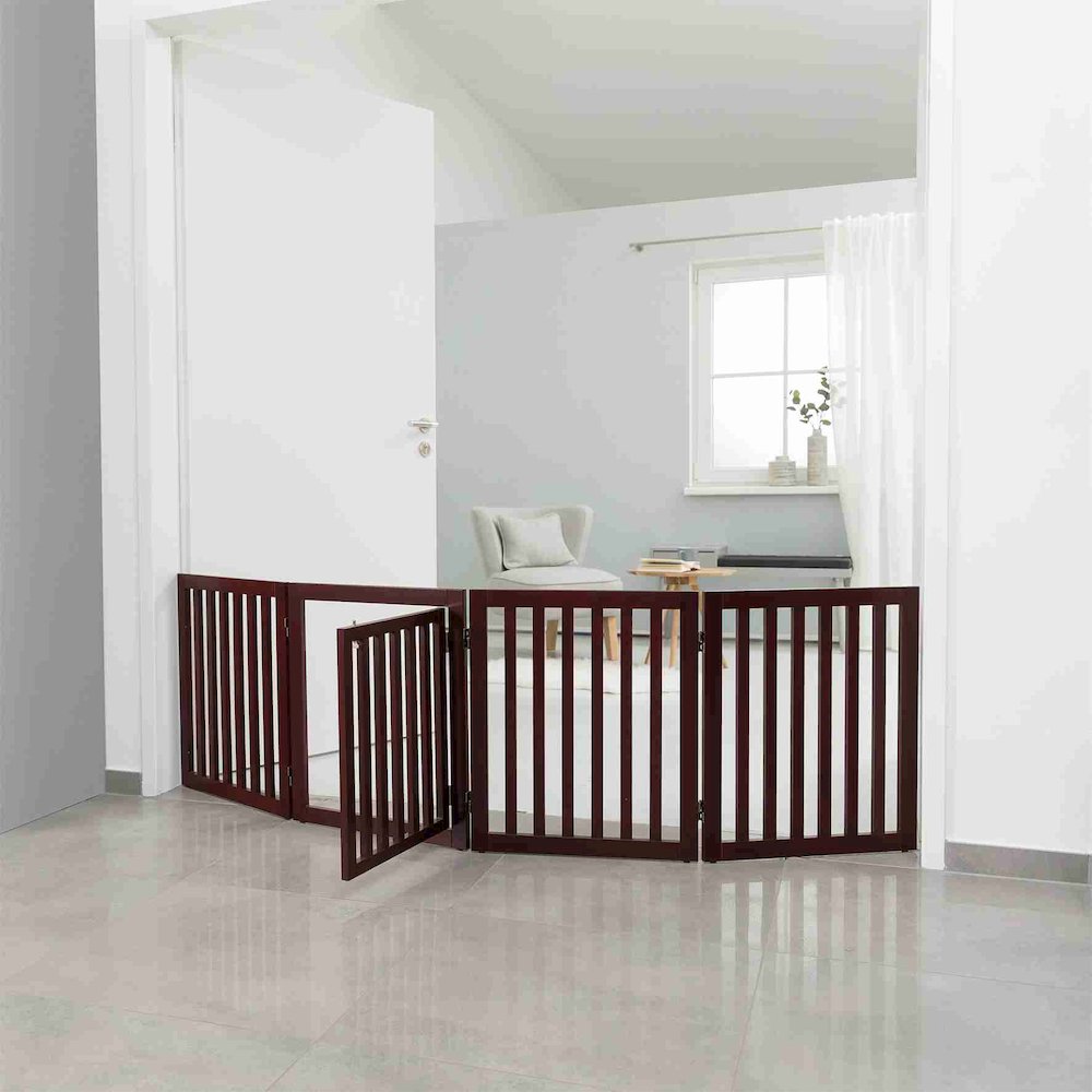 4-Panel Convertible Wooden 80" Freestanding Pet Gate - Pen with Pet Door, Brown