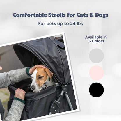 3-Wheeled Foldable Dog & Cat Stroller with Canopy and Storage Compartments