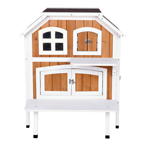 2-Story Weatherproof Elevated Outdoor Cat Retreat with Balcony, Brown