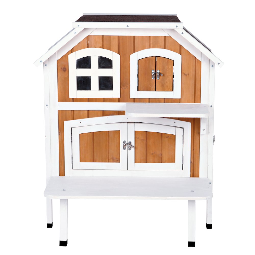 2-Story Weatherproof Elevated Outdoor Cat Retreat with Balcony, Brown