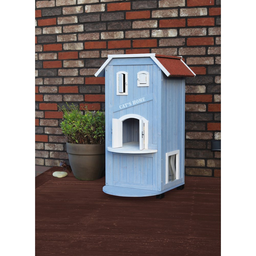 natura 3-Story Weatherproof Small Outdoor Cat House with 2 Entrances, Blue
