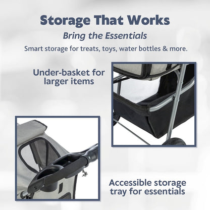 3-Wheeled Foldable Dog & Cat Stroller with Canopy and Storage Compartments, Gray